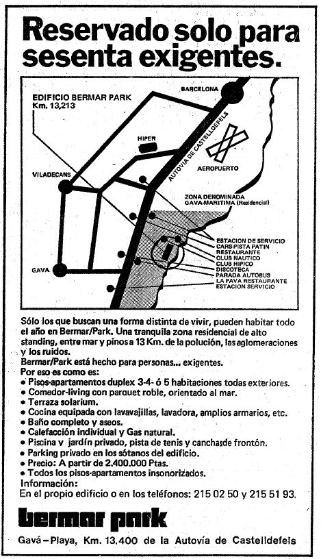 Anuncio del edificio BERMAR PARK de Gav� Mar publicado en el diario LA VANGUARDIA el 1 de mayo de 1976